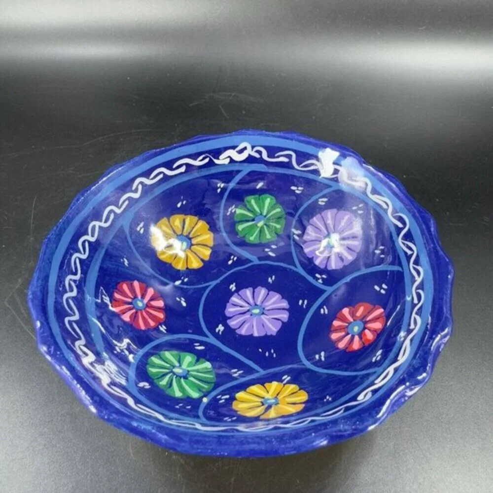 Vintage Hand Made Mexico Folk Art Pottery‎ Footed Bowl Dish Multicolor Blue Dish